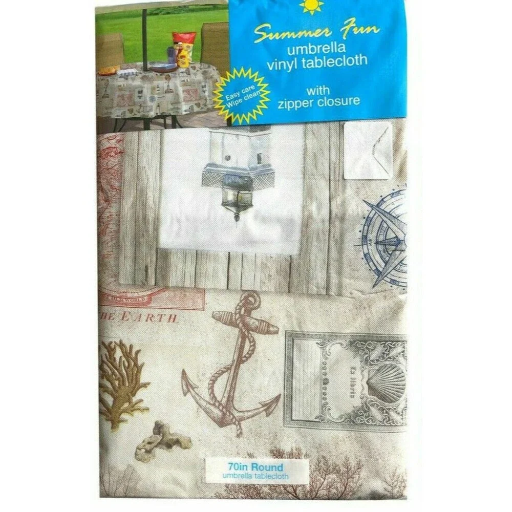 Nautical Tablecloth Zipper Umbrella Hole Flannel Backed Vinyl 52x70 Anchor Shell
